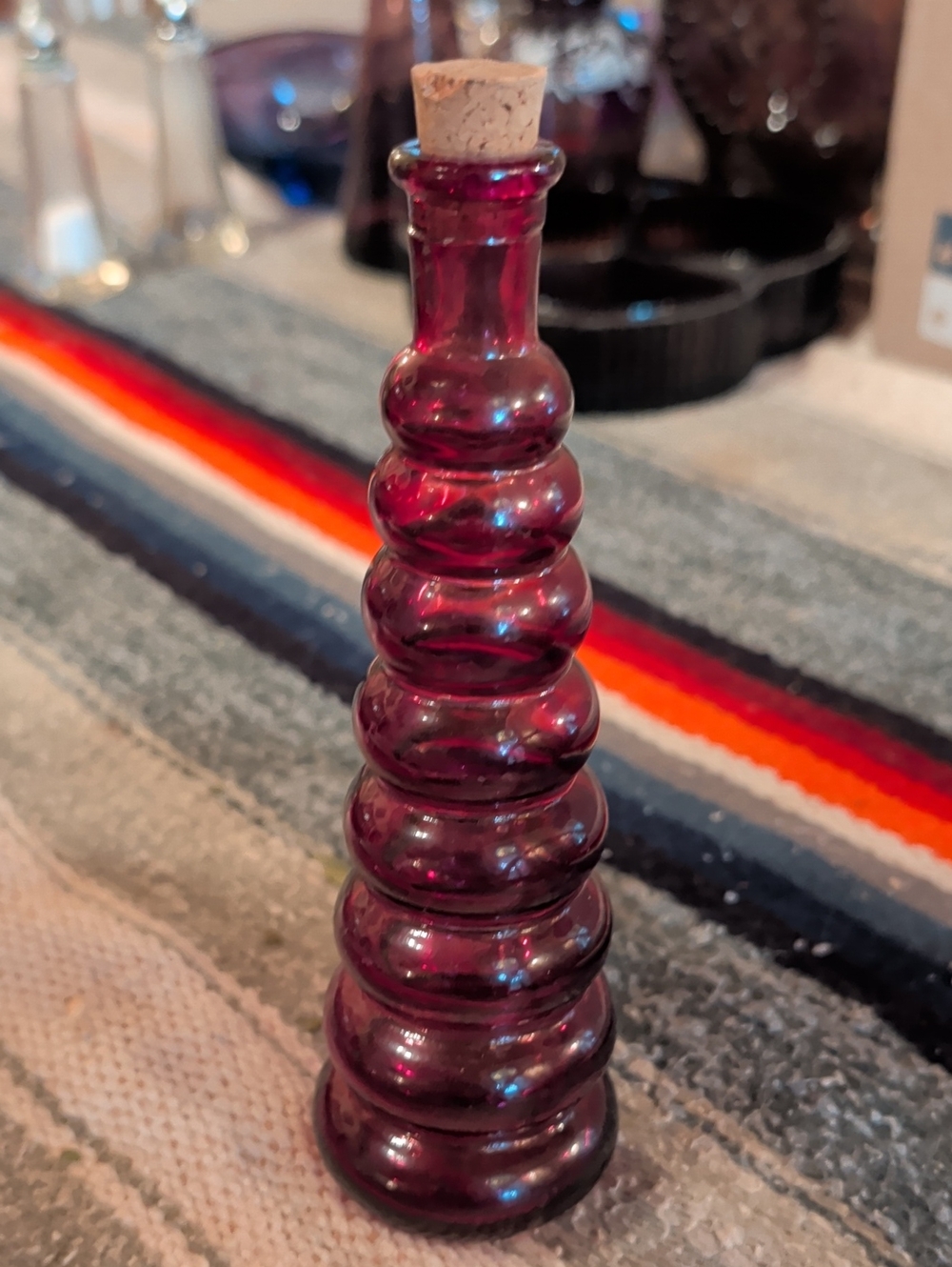 Deep Plum Ribbed Decorative Glass Bottle with Cork Stopper